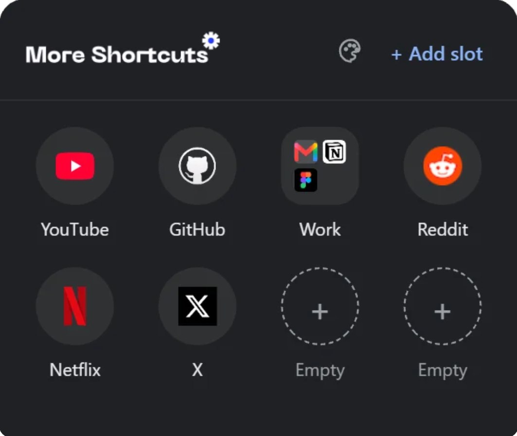 More Shortcuts panel with shortcuts for YouTube, GitHub, Work, Reddit, Netflix, and X